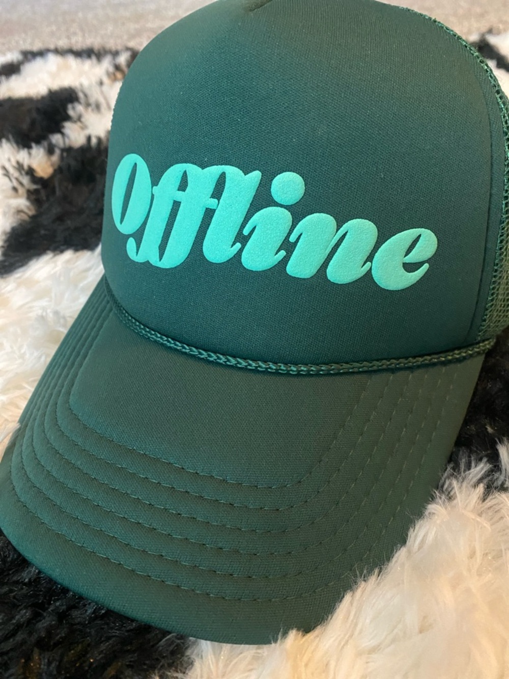 Green 'Offline' Trucker Hat with light Teal Lettering